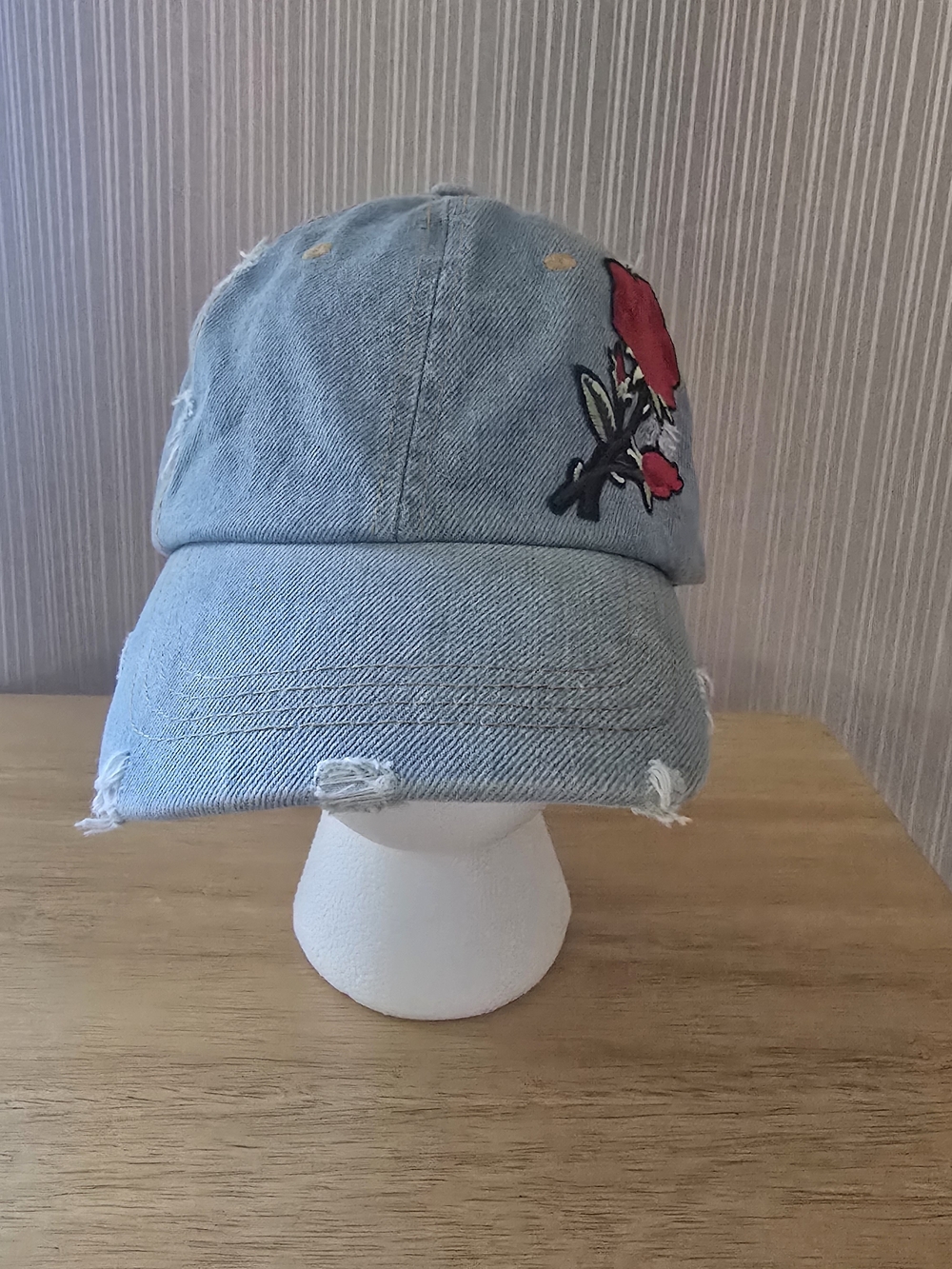 David and Young Light Blue Denim Cap with Red Floral Patch